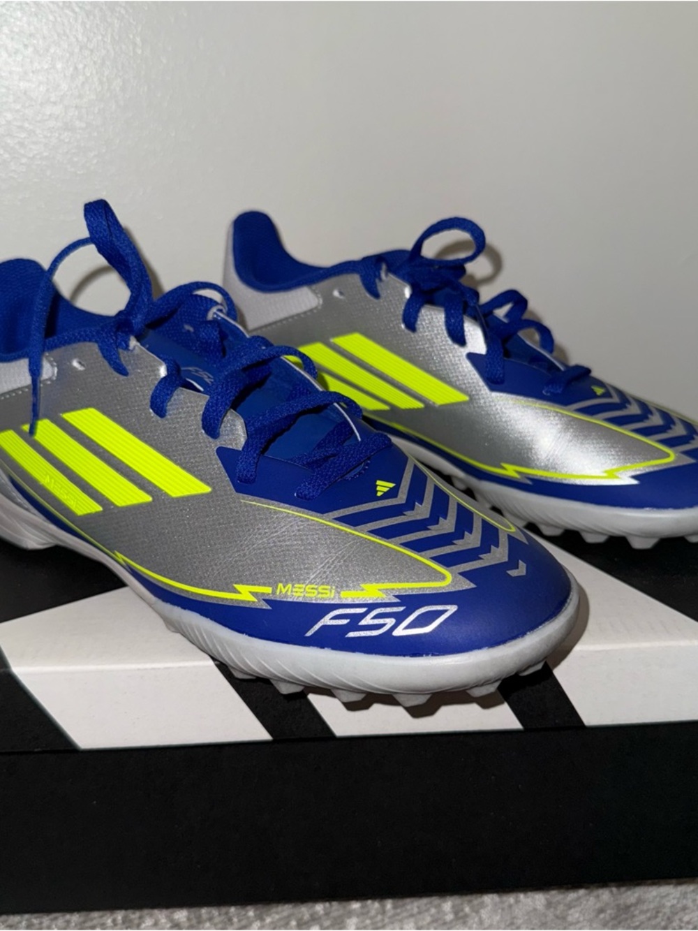 adidas Kids Blue/Silver F50 Messi Soccer Cleats with Neon Yellow Accents